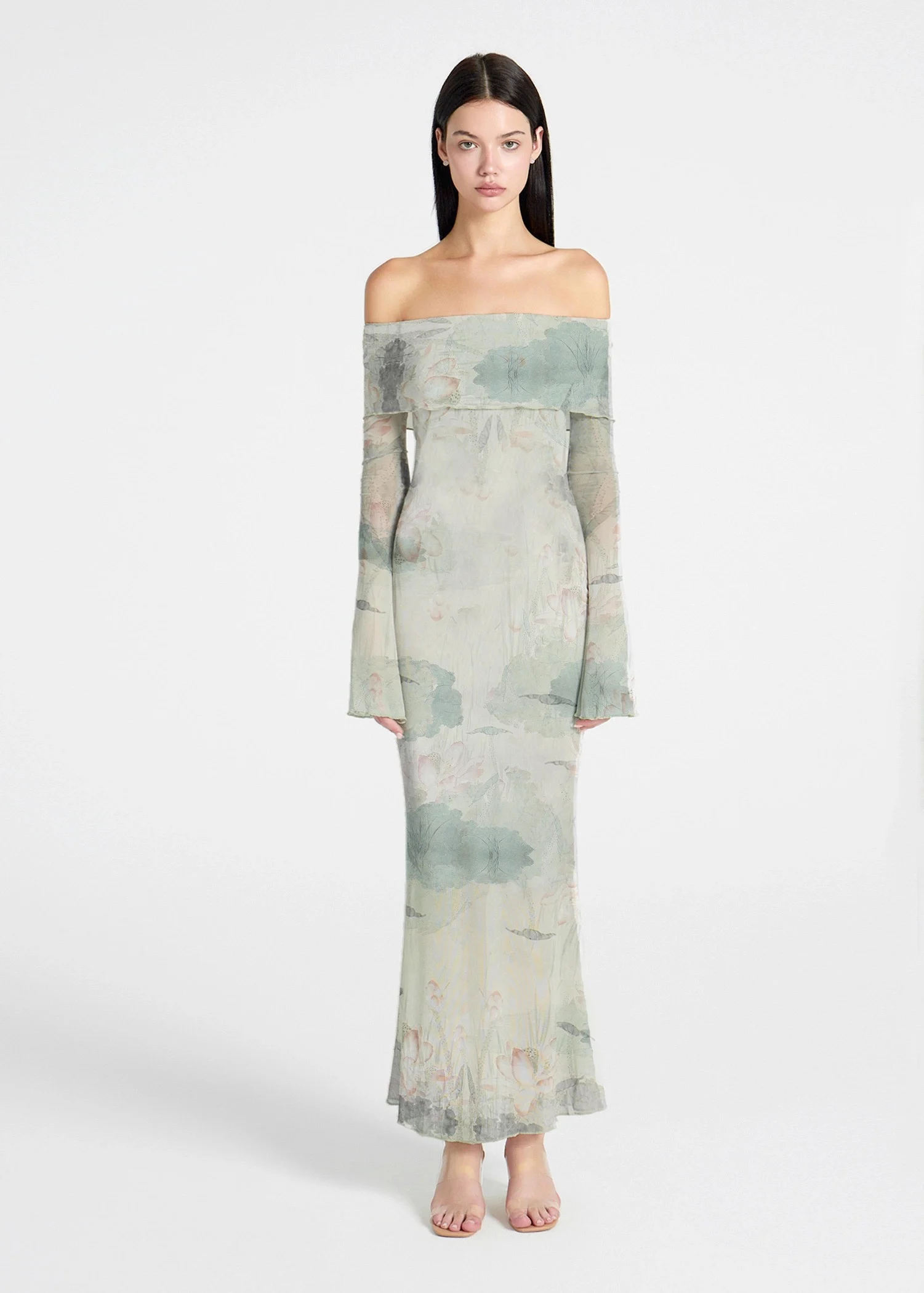 

Women Sexy Slash Neck Flower Printed Mesh Holiday Long Dress