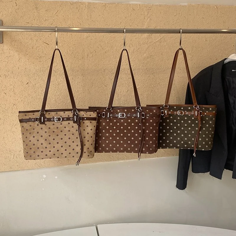 Women Polka Dot Tote Bag Metal Buckle Belt Decor Suede PU Leather Large Capacity Shoulder Handbag Casual Daily Commuter Purse