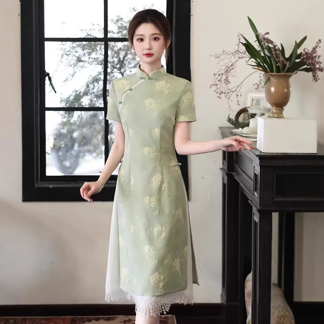 Yourqipao Summer Long Double-layer Green Printed Ao Dai Cheongsam Elegant Retro Qipao Chinese Style Evening Dress for Women
