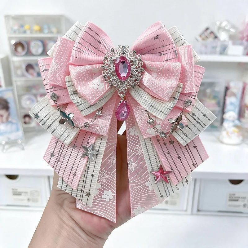 Rhinestone Foil Ribbon Bow Concert Support Stick Charm Lolita Cute Women's Dress JK Shirt Collar Bow Tie Handmade Accessory