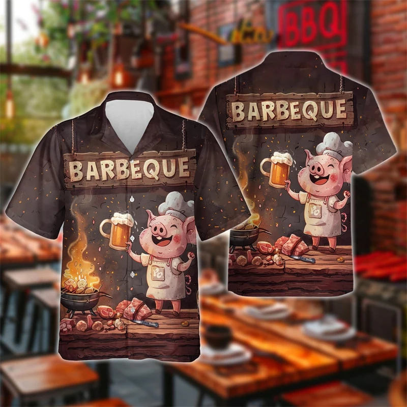 Grill Party Short Sleeve Shirts For Men Clothes Cute Pig Short Sleeve Blouses Fashion BBQ Lapel Blouse Barbecue Male Button Tops