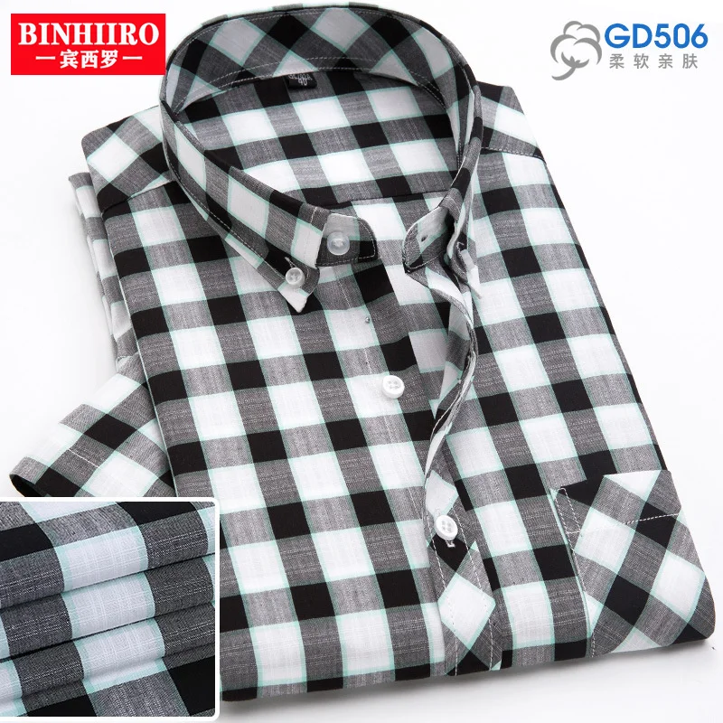 

BINHIIRO 100% Cotton Men's Fashion Vintage Plaid Shirts Loose Short Sleeve Button Up Fall Shirt Casual Pocket Male Tops Black