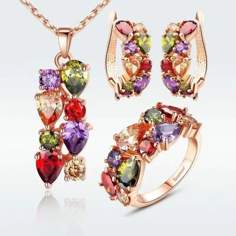 GMGYQ Hot Sale Rose Gold Color Multi Cubic Zirconia Charming Jewelry Sets For Elegant Women or Girls Beautiful Gift