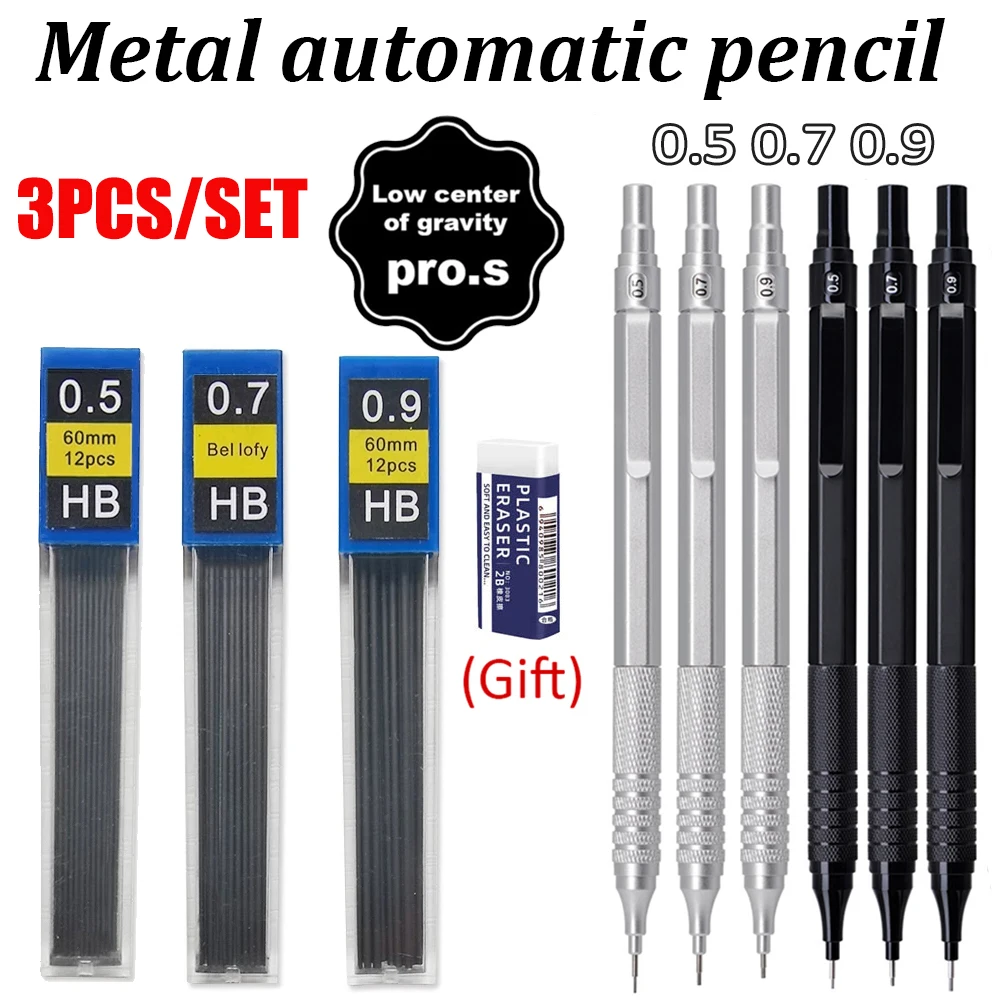 3 Teile/satz Metall Mechanische Bleistift Set 0,5/0,7/0,9mm Mine Refill Automatische Bleistift Kunst Skizze Malerei Schreiben schreibwaren – Detail 1