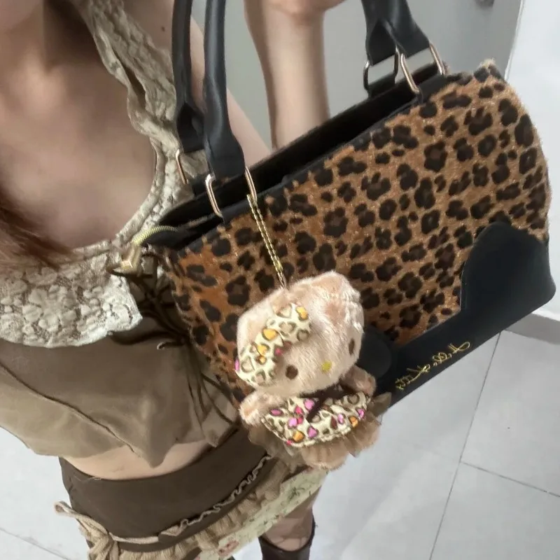 New Sanrio Hello Kitty Leopard Top-Handle Bags Girls Street Trend Large Capacity Tote Bag Plush Crossbody Bag Shoulder Bag Gift