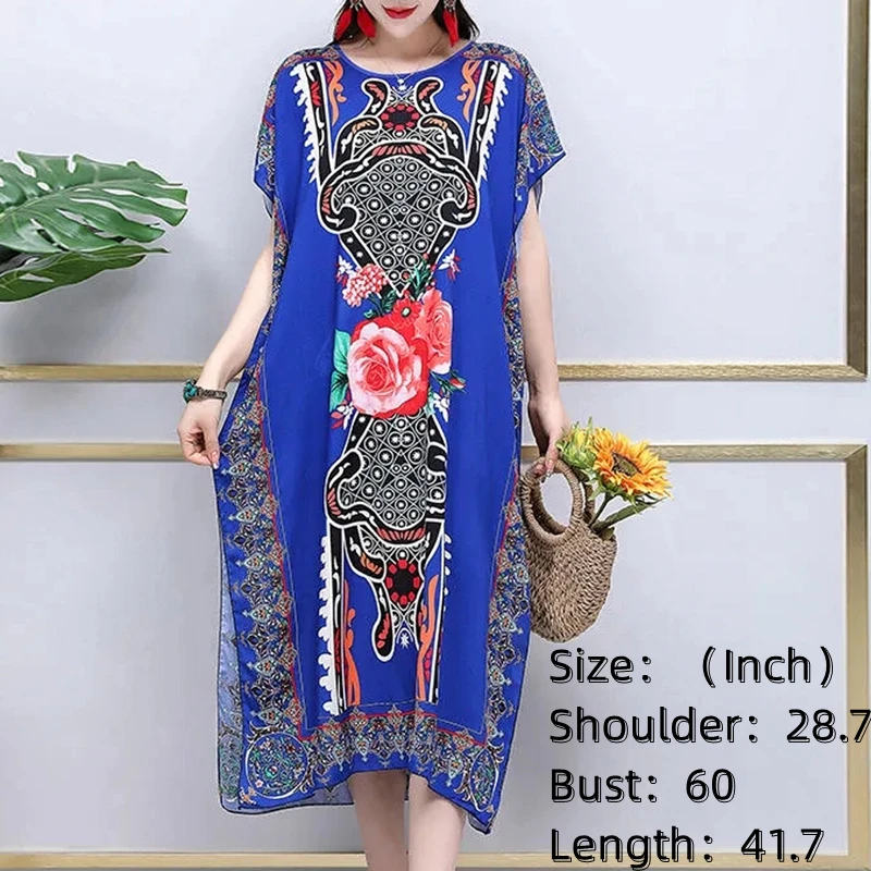 Retro Vintage Floral Print Elegant Ethnic Style O-Neck Slit Midi Dress Summer Trend Women's Batwing Sleeve Holiday Dresses 2024