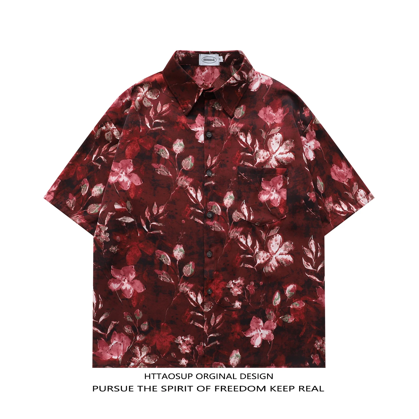 

HTTAOSUP Deep Wine Red Floral Print Short Sleeve Shirt Men's Women's Summer Hawaiian Style Retro Japanese System Loose Fit Po...