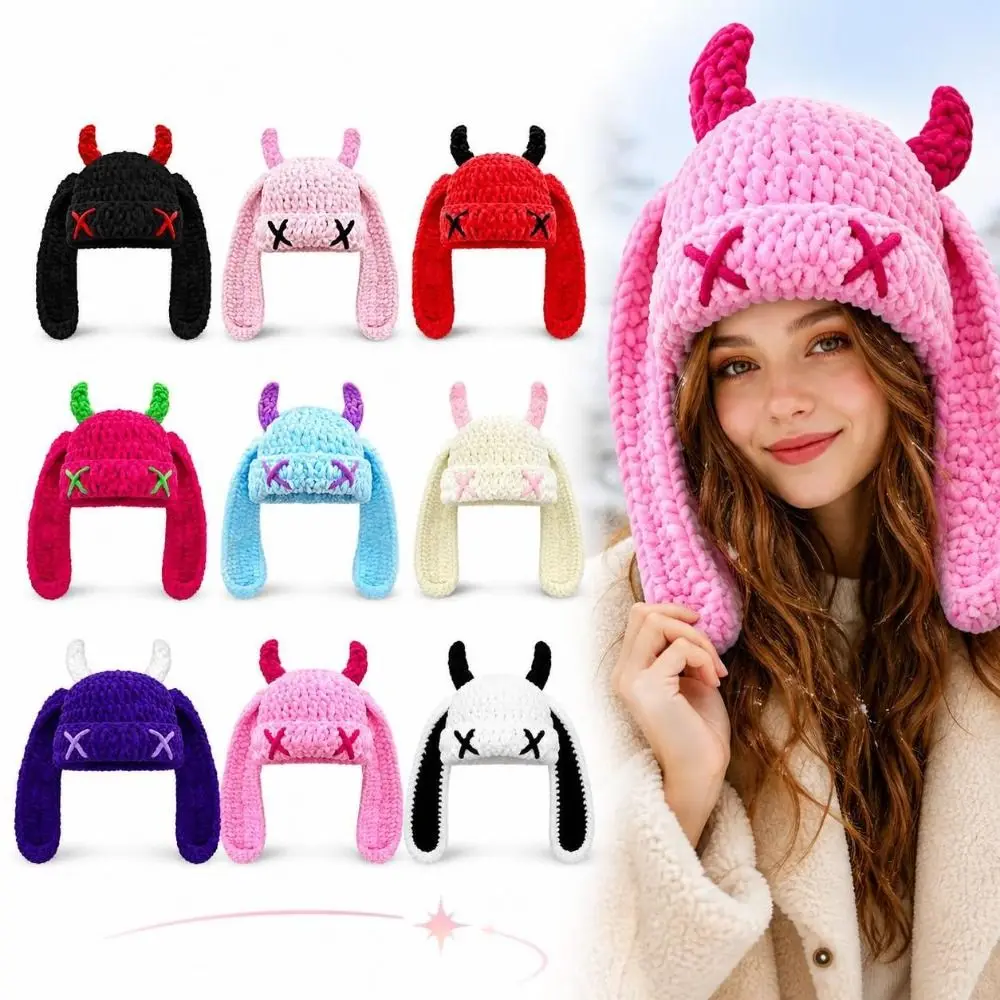 Elastic Knit Women's Warm Knitted Hat Soft Warm Thickened Little Devil Long Ears Cap Protection From Cold Pullover Hat For Women