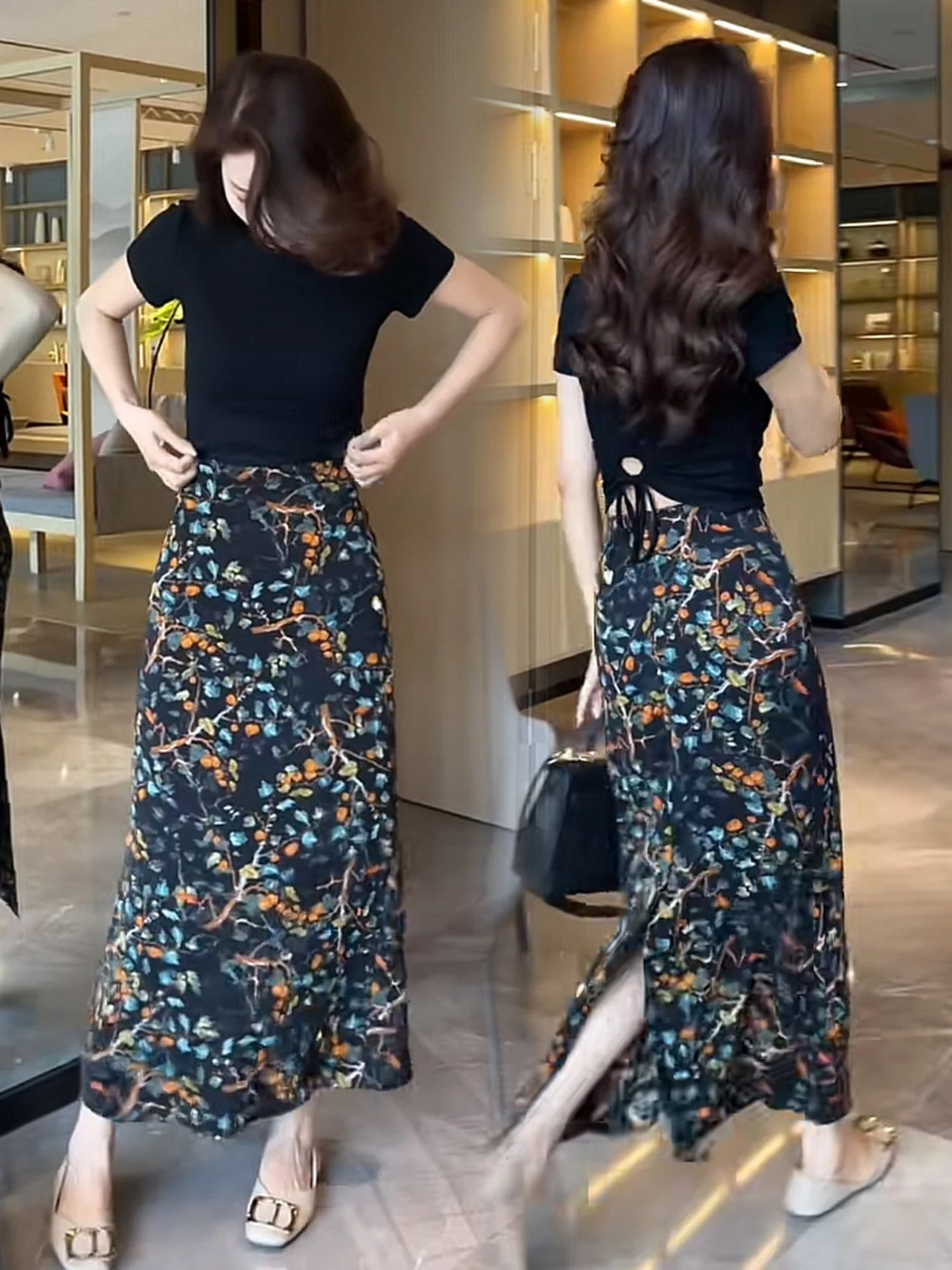 High Quality Vintage Floral Half Skirt Women's Summer New Style Hanging Smooth Slim High Waist Slit Sleeveless Skirt