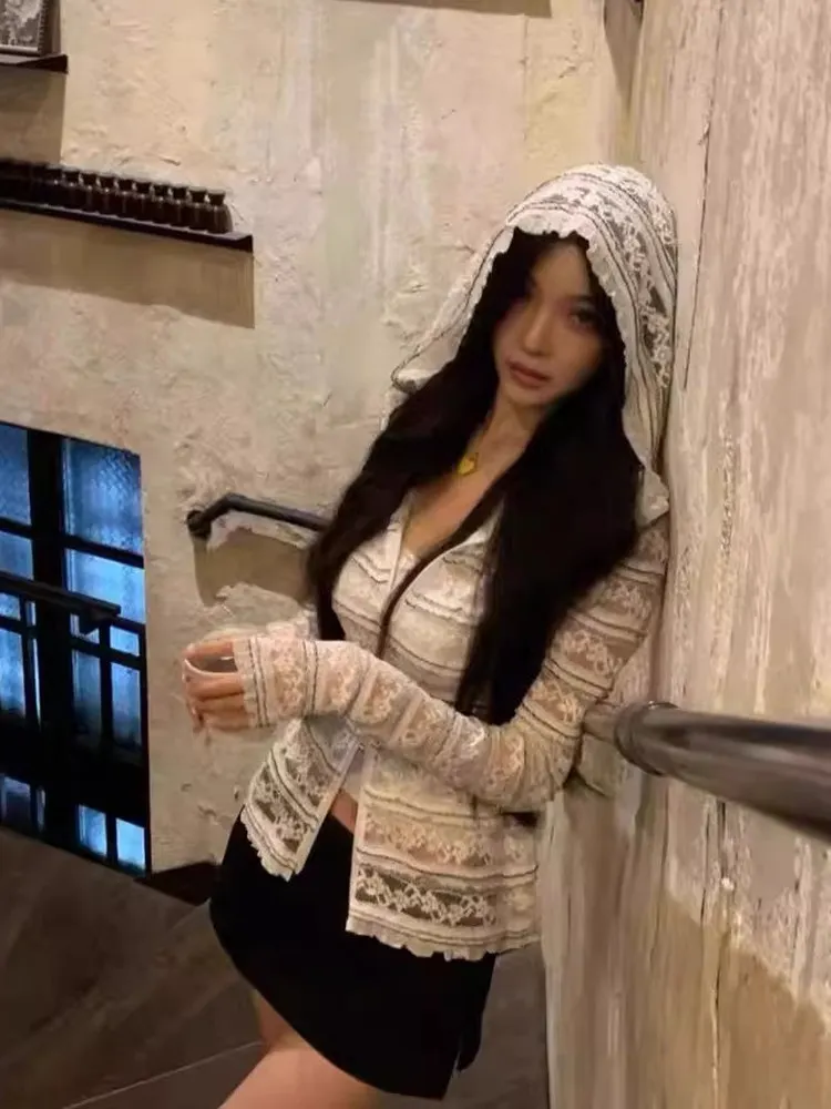 Summer New Style Lace Hook Flower Bell Sleeve Waist Cinched Hooded Open Cardigan Fashionable Outerwear Women Thin Sun Protect...