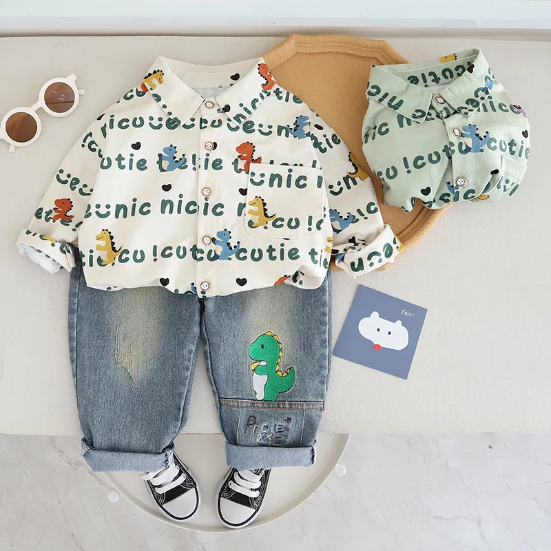 Spring Autumn Toddler Boys 2PCS Clothes Set Letter Printed Polo Sjirts Denim Dinosaurs Pants Suit Children Baby Boys Outfits