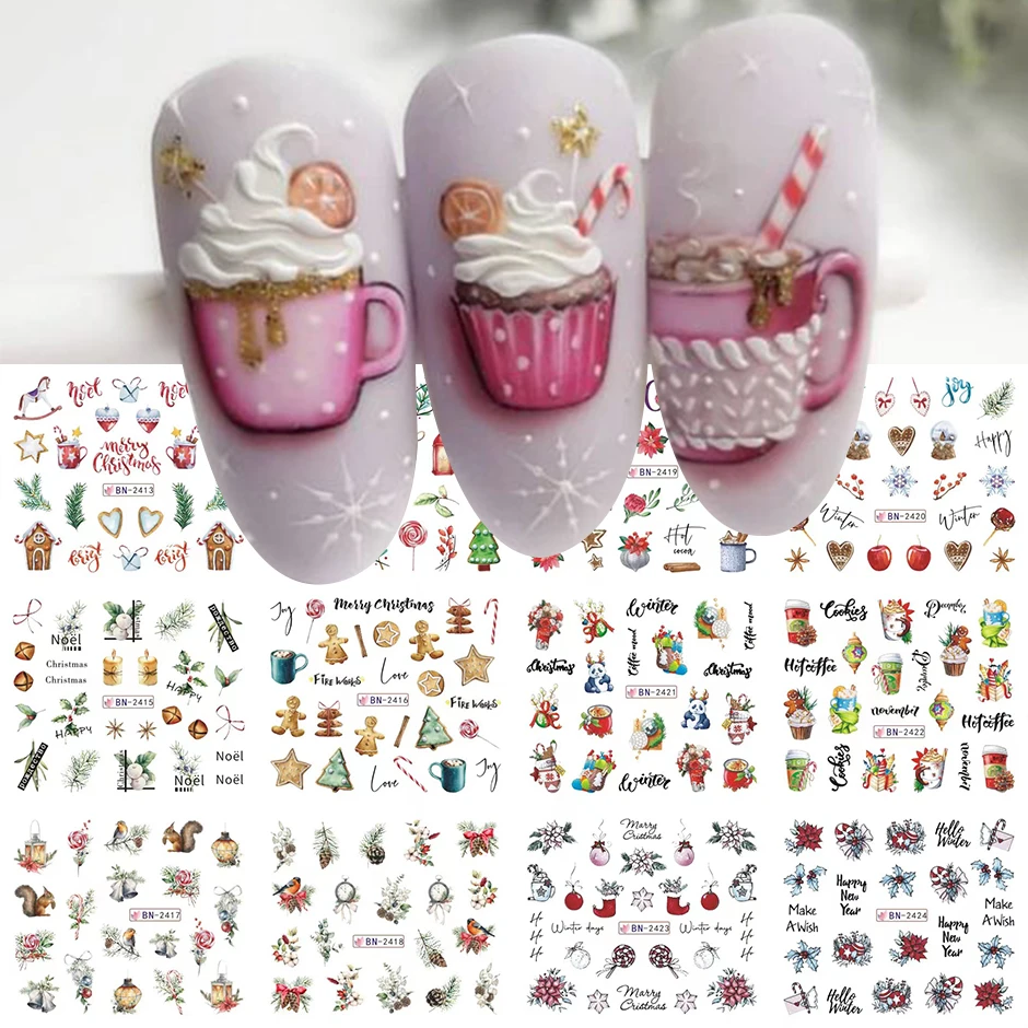 12pcs Christmas Winter Sticker Nail Design for Manicure Celebration Hot Drinking Chocolate Bird Lettering Decals Foils Set JIBN