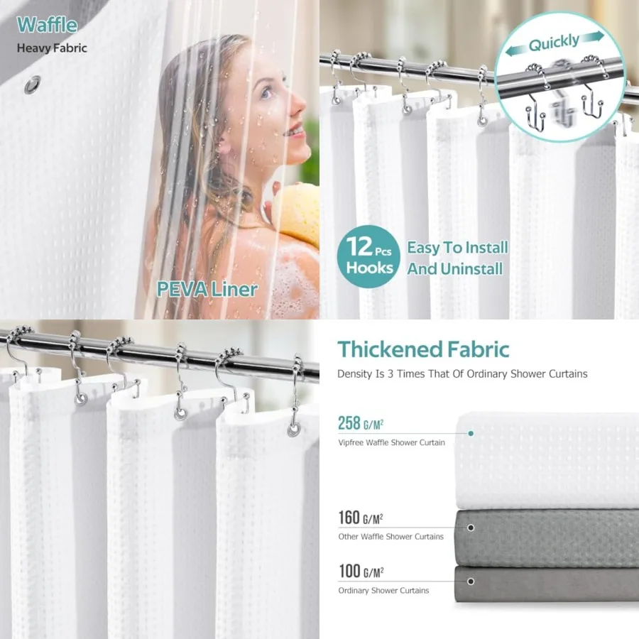 

3 in 1 Shower Curtain Set, Waffle Shower Curtain and Liner Set with 12 Double Sided Shower Curtain Hooks, 258GSM Luxury Weighte