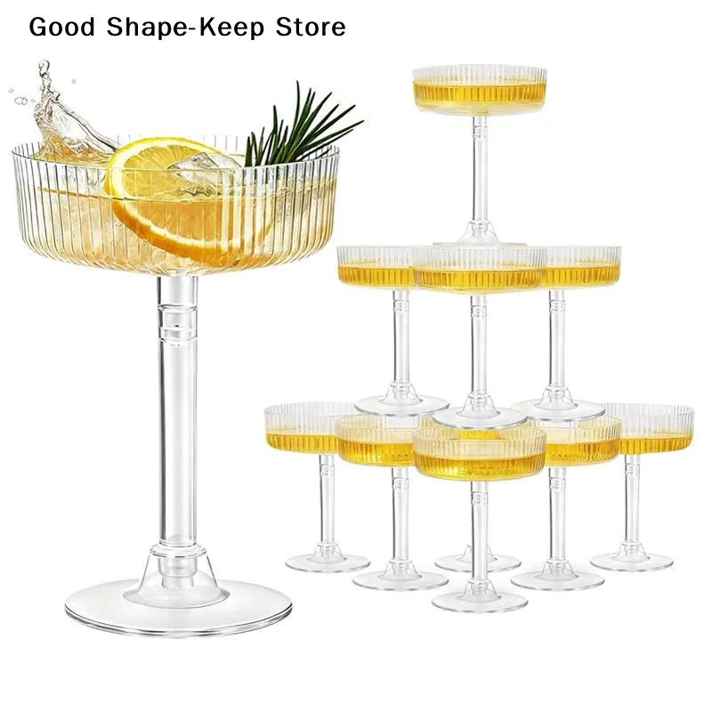 daily10Pcs Plastic Martini Glasses Dessert Cup Clear Toasting Flutes For striped style Weddings Celebrations Home Bar Usage