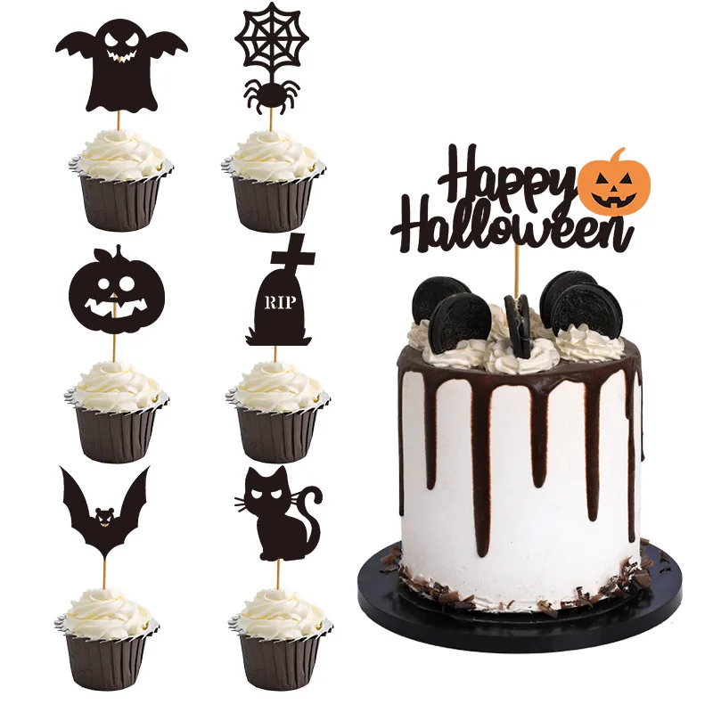 Halloween cake decoration, quirky ghost festival atmosphere, bats, pumpkins, cupcakes, plugins, cards