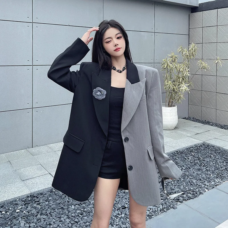 Fashion New Irregular Color Matching Suit Jacket Female Spring  Autumn Korean Long Sleeved Temperament Blazer Female Outerwear