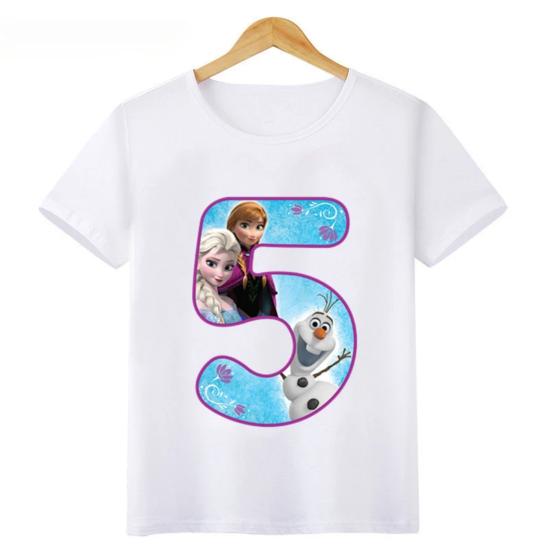 Disney Princess Frozen Elsa Anna Number Bow Print T shirt Kids Clothes 1 2 3 4 5 6 7 8 9 Years Birthday Girls T-Shirts Baby Tops