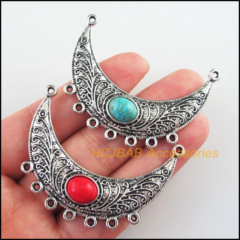 Fashion 4Pcs Retro Tibetan Silver Tone Flower Moon Blue&Red Stone Charms Connectors 37x54mm