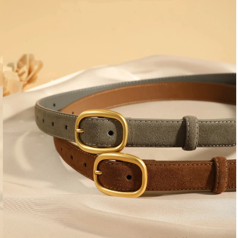 Sabuk Wanita Gaya Vintage - Kulit Suede Rusa dengan Gesper Oval Emas untuk Celana Jeans