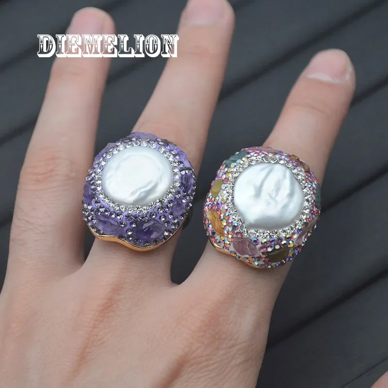 Exquisite Natural Baroque Button Pearl Rings for Women Full Pave Rhinestone with Amethyst/Tourmaline Resizable Large Ring
