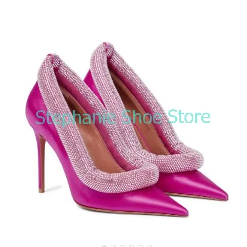 

Women Luxury Pointy Toe Sparkly Crystal Topline Pumps New Style Ladies Pink Satin Pumps Party Evening Stiletto High Heel Shoes