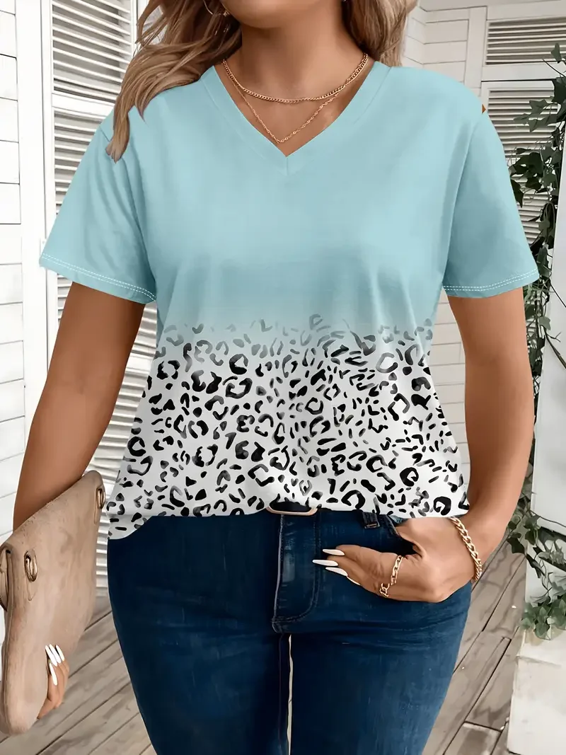 

Плюс размер 1XL-5XL, женская всесезонная модная футболка с градиентным леопардовым принтом и v-образным вырезом, женская повседневная трикотажная тканевая верхняя одежда