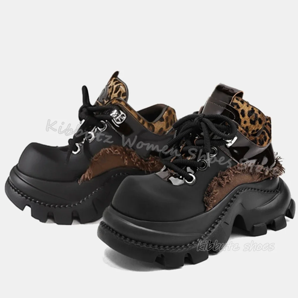 Leopard Patchwork Sneaker Lace-Up Luxury Leather Mixed Color Fashion Novelty Sexy Concise Shoes Round Toe Height Increasing New