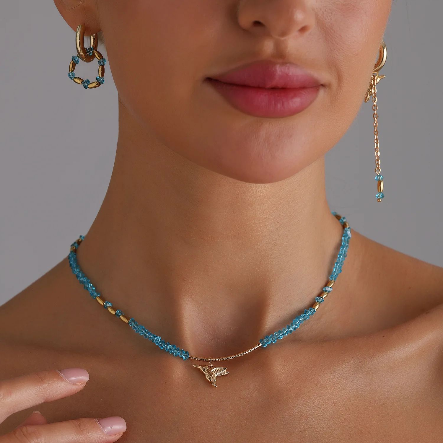 Y2K Crystal Bird Set Women Geometric Blue Pendant Mixed Metal Chain Adjustable Stackable Gift