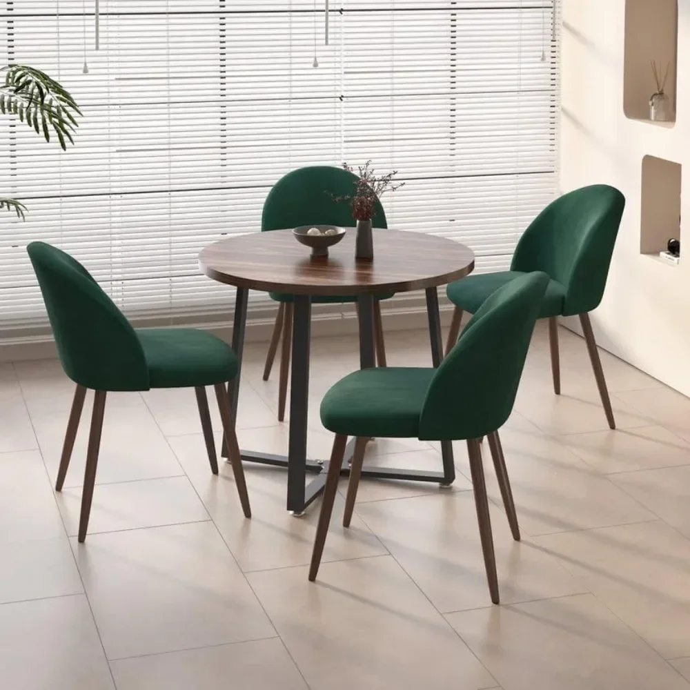 5-Pieces Modern 35'' Inch Round Wooden Dining Table Set for 4 Comfortable Velvet Chairs, Space Saving Kitchen Furniture