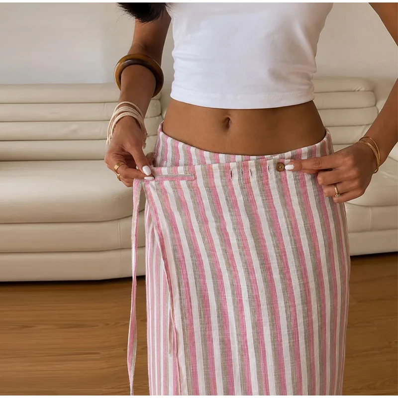 Casual Striped Women's Trouser Lace-Up Adjust Belt High Waist Wide Leg Pants 2026 Summer Autumn Fashion Female Street Trousers