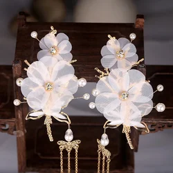 Children Ancient Style Hair Accessories White Magnolia Flower Girls Hanfu Headwear Dragonfly Tassels Luxurious Hair Accessories