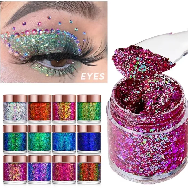 1 Unidade de Gel Glitter para Olhos, Unhas, Cabelo, Corpo e Rosto, Gel Camaleão, Lantejoulas Soltas em Formato de Coração, Estrela e Lua, Creme de Diamante para Maquiagem, Festas e Festivais