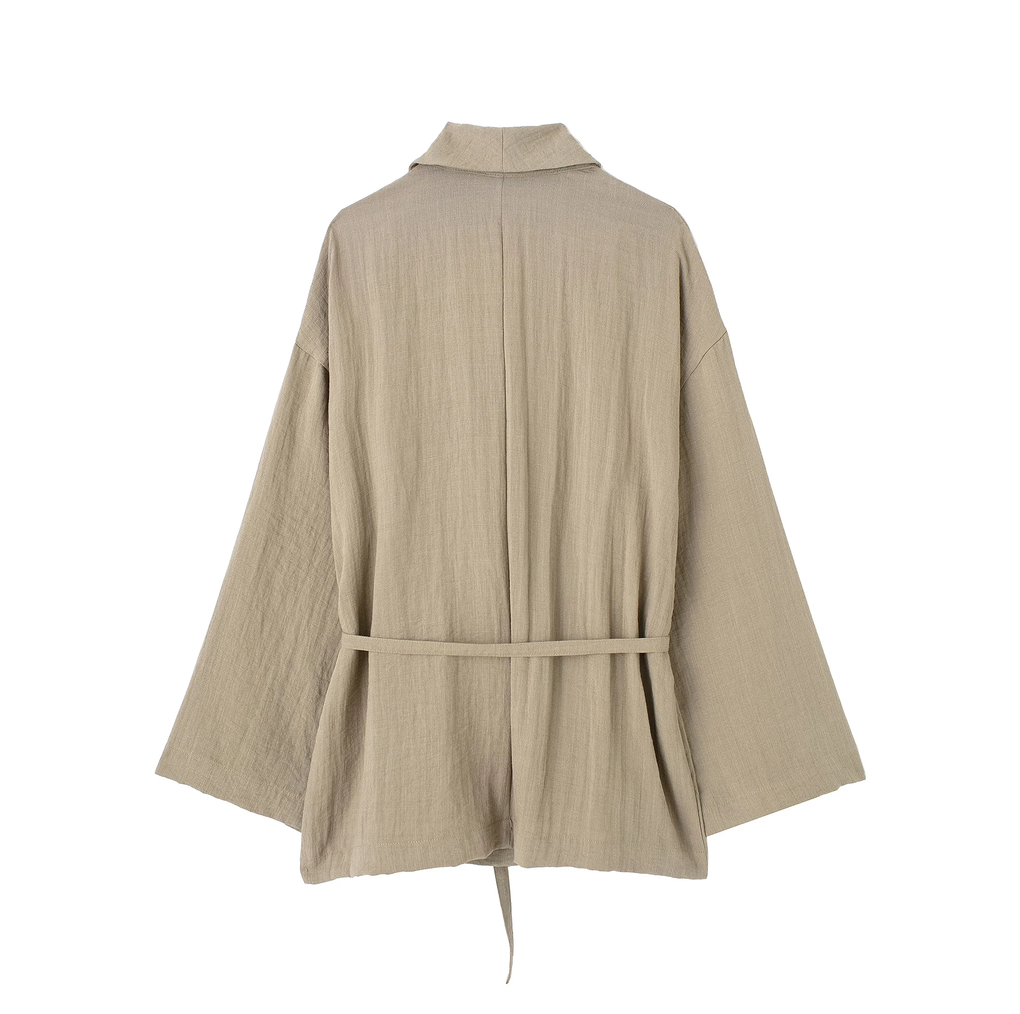 TRAFZA Vintage Linen Oversized Sashes Kimono Shirts+High Waist Wide Leg Pants Fashion 2024 Summer Casual Khaki Loose Female Suit