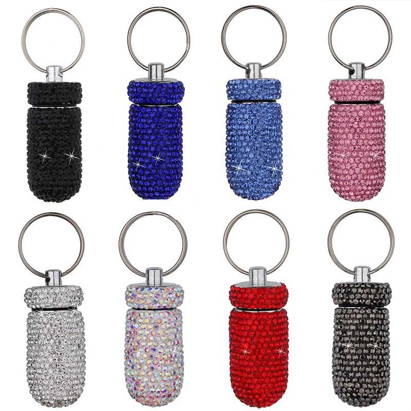 Mini Pill Bottle Keychain Full Rhinestone Aluminum Alloy Pill Storage Cases Portable Medicine Organizer Storage Containers