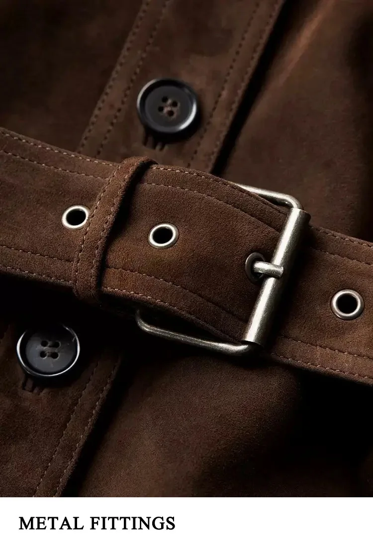 Winter Brand New Suede Leather Jacket for Women Collar Pocket 100% Kid Suede Slim Fit Coat With Belt Coffee Shirt Vestes Femmes