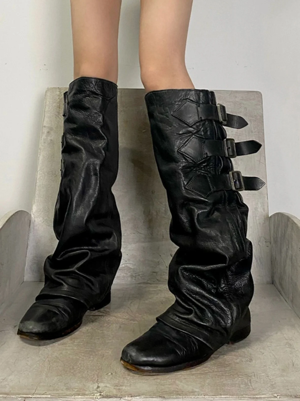 

Женские свободные длинные ботинки в стиле вестерн с высокой трубкой и поясом, не выше колена, длинные брюки на каблуке в стиле ретро