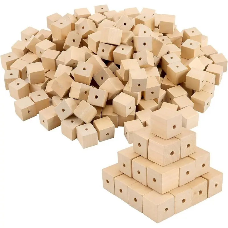 IALJ-Wooden Square Beads 1 Inch With Holes- 200 PCS Unfinished Solid Wood Block Cubes For Craft, DIY Projects