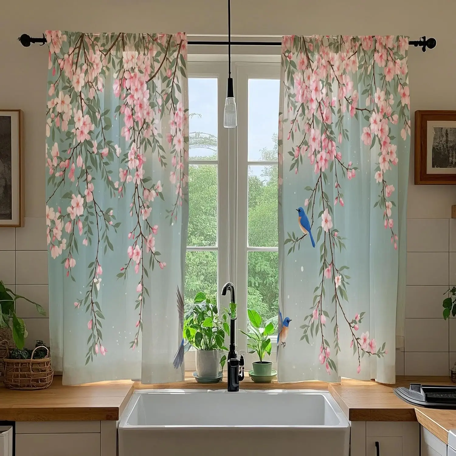 Pink Cherry Blossom Floral Kitchen Curtains, Boho Asian Birds Flower Curtain Pattern Print 36 Inch 2 Panels Chinese Cafe Small
