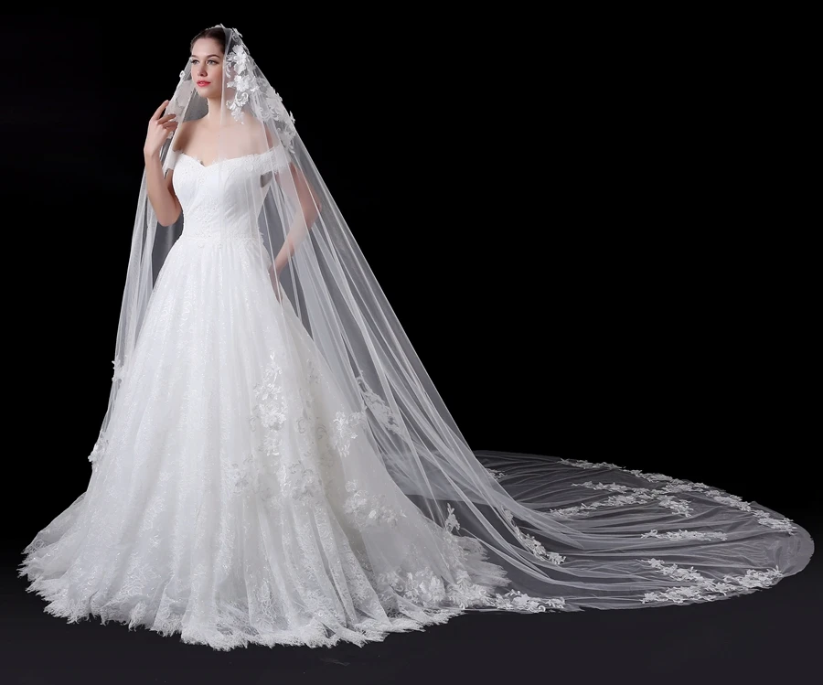 Nuovo arrivo cattedrale velo da sposa applicazioni in pizzo bianco avorio veli da sposa per le donne accessori da sposa Welon velo da sposa noiva