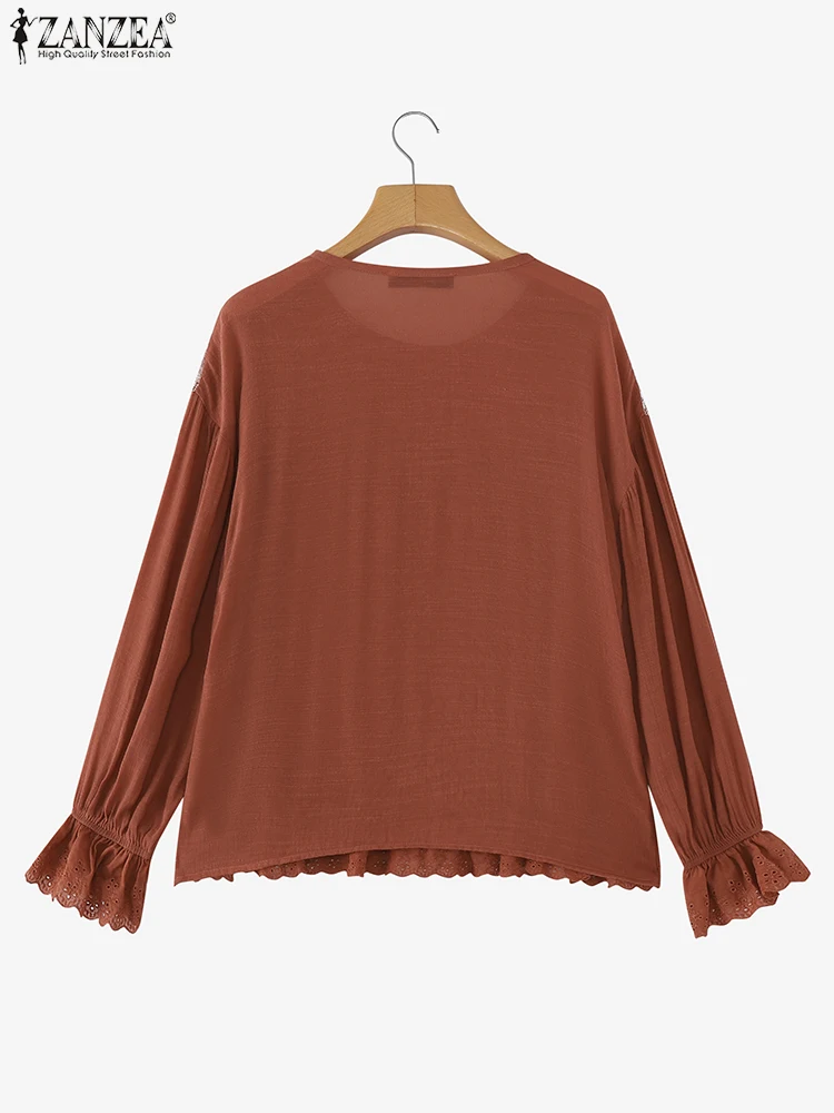 ZANZEA Camicetta da donna autunno Camicia con volant patchwork in pizzo 2025 Manica lunga Casual Vintage floreale all'uncinetto Top Tuniche larghe Tees
