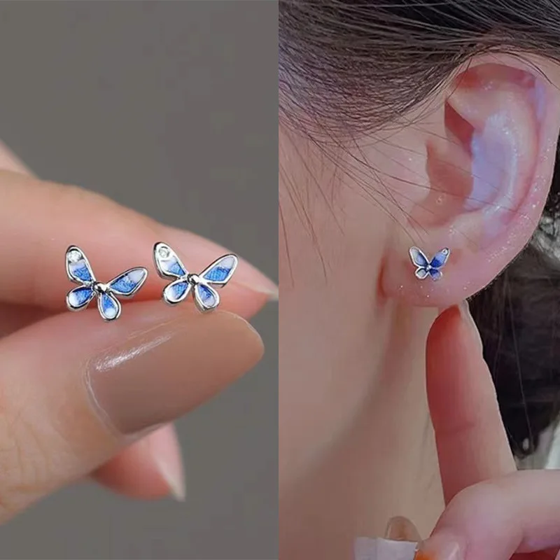 Cute Blue Small Butterfly Stud Earrings for Women Girls Insect Enamel Oil Tiny Earrings Silver Color Party Mini Jewelry