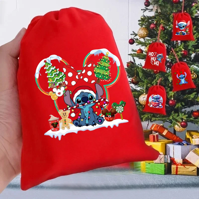 Disney Stitch Christmas Drawstring Bags Anime Cartoon Xmas Tree Pendant Decorative Products New Year Gifts Candy Storage Pouch