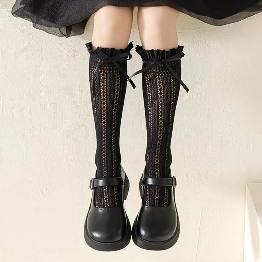 Girls' Socks Spring Summer Thin Style Lolita Lace  Bow Ribbon Ribbon Lace Long Tube Girl Calf Pile Tight Stockings