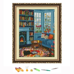 Cross Stitch Embroidery Kit Black Cat On Study Carpet Landscape Thread Drawing DIY Needlework Kit Decorate Printed on Canvas11CT