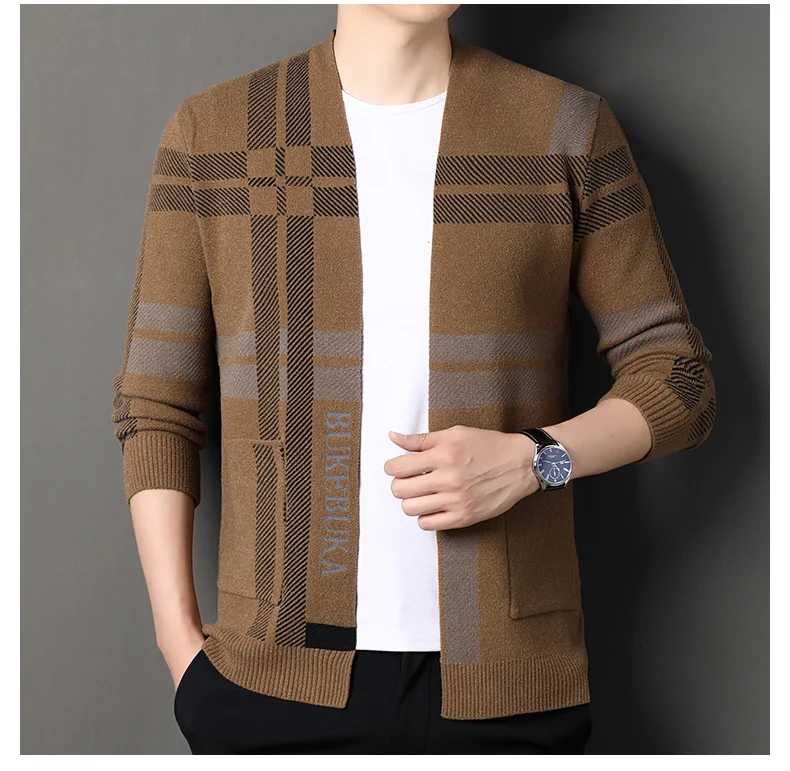 

Роскошный осенний новый модный жаккардовый шерстяной кардиган 202, удобный мужской вязаный свитер с длинными рукавами и цветными блоками, топ