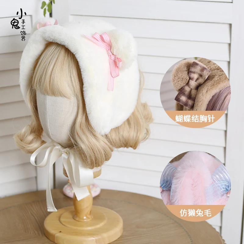 Japanese sweet autumn and winter hat Lolita brown bear ear plaid wild ear protection cap warm cute plus velvet earmuff cap