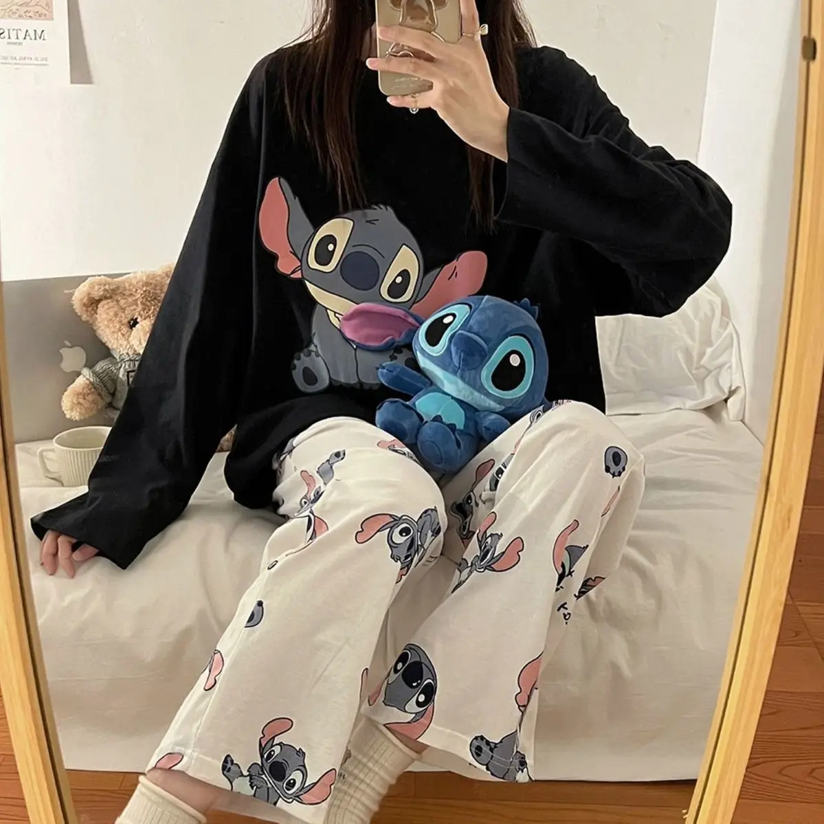 Hot Disney Stitch Pajamas Leisure Wear Anime Lilo & Stitch New Long-Sleeved Trousers Two-Piece Set Women Girl Home Wear Autumn