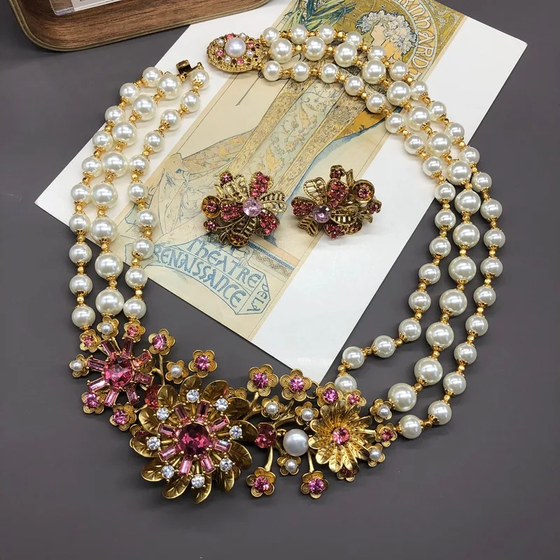 

Luxury Multilayer Pearl Necklace for Women Inlaid Rhinestone Crystal Decoration Flower Shape Necklace or Ear Clip Stud Earring