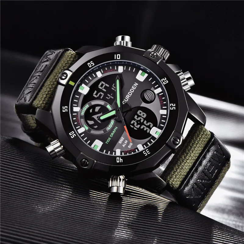 Men Genuine CURDDEN Dual Time Watches Fashion Nylon Band Multi-function Chronograph Sports Army Digital Watch Relogio Masculino