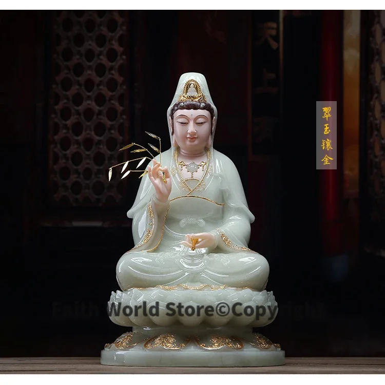 

40cm Large GOOD # Buddhist high-grade home Temple efficacious bless Talisman Mascot jade gilding Guan yin PUSA Buddha statue